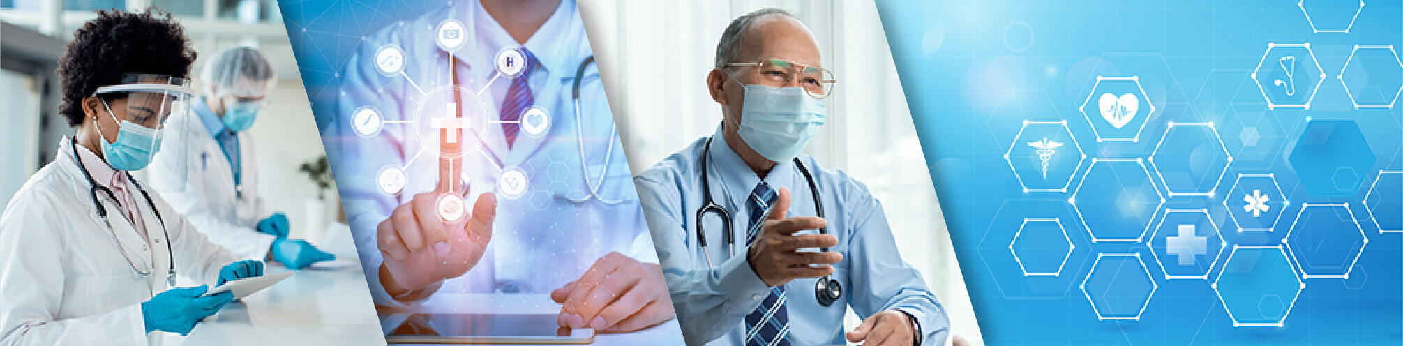 Collage of images including female doctor, a male doctor touching a screen, another male doctor speaking, and a graphic of medical symbols.