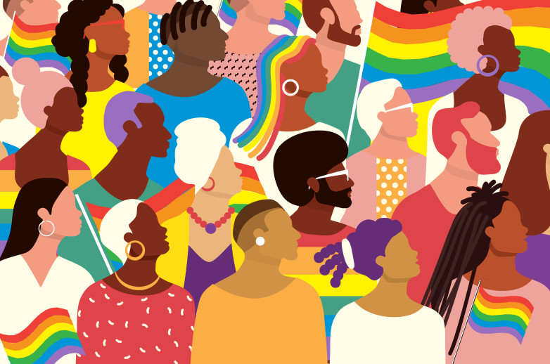 This is a cartoon image of a group of people of many race and ethnicities holding Pride flags and looking to the right.