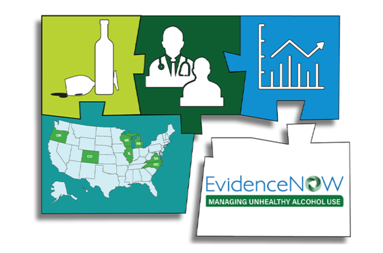 This graphic is a five-piece puzzle. Top three images (left to right) include white colorless cartoon images of a wine bottle, a physician and patient, and a line graph pointing up. The bottom row (left to right) includes a United States map highlighting Oregon, Colorado, Michigan, Wisconsin, Illinois, Virginia, and North Carolina, and an image that is displaced from the rest of the puzzle which reads "EvidenceNOW: Managing Unhealthy Alcohol Use"