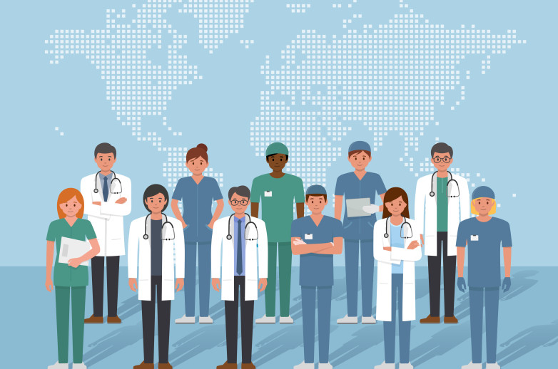 A group of cartoon men and women in different clinician outfits stand in front of a world map.