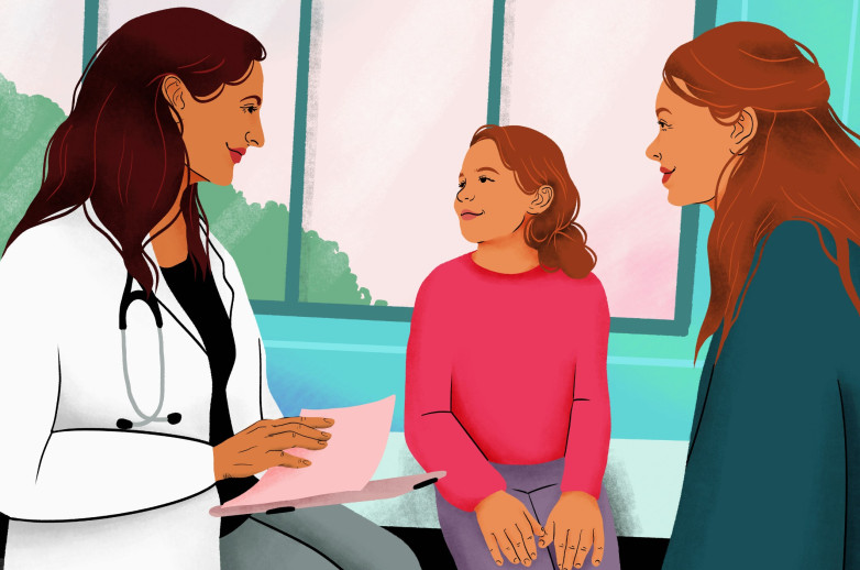 An illustration of a female healthcare provider talking to a young girl in a pink sweater and the girl's mother in a medical examination room.