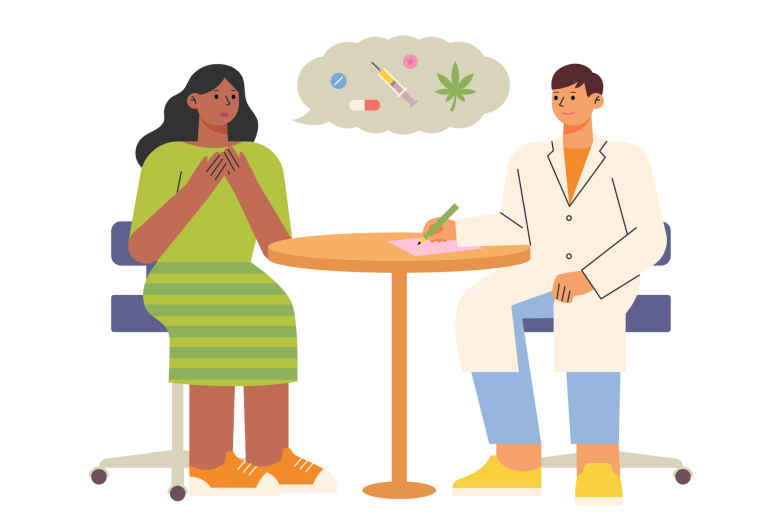 A patient, dressed in a green outfit, sits in an office chair and talks about substance use. A doctor sits across a table from the patient, taking notes while he listens to her.