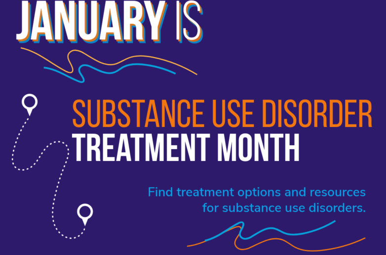 A purple graphic that reads "January is Substance Use Disorder Treatment Month. Find treatment options and resources for substance use disorders."