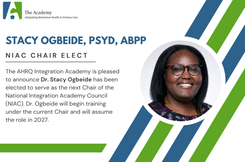 This is a picture of new National Integration Academy Council Chair-Elect, Stacy Ogbeide, and a brief announcement of her selection. She is set to start as Chair in 2027.