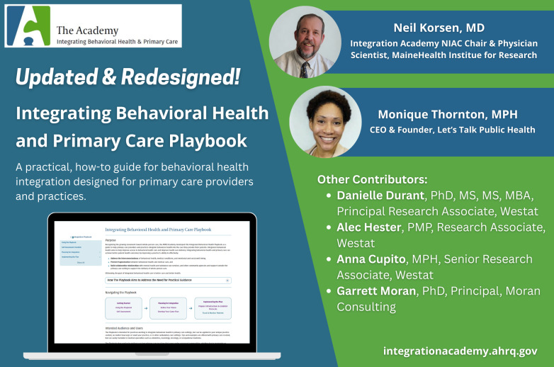 This is a promotional image for the newly updated Integrating Behavioral Health and Primary Care Playbook, a practical, how-guide to for behavioral health integration designed for primary care providers and practices. It includes pictures of authors Neil Korsen and Monique Thornton, and a thumbnail image of the tool.