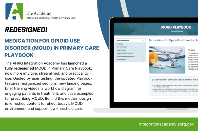 Promo image for the redesigned Medications for Opioid Use Disorder (MOUD) in Primary Care Playbook, including a screenshot of the top of the MOUD Playbook webpage.